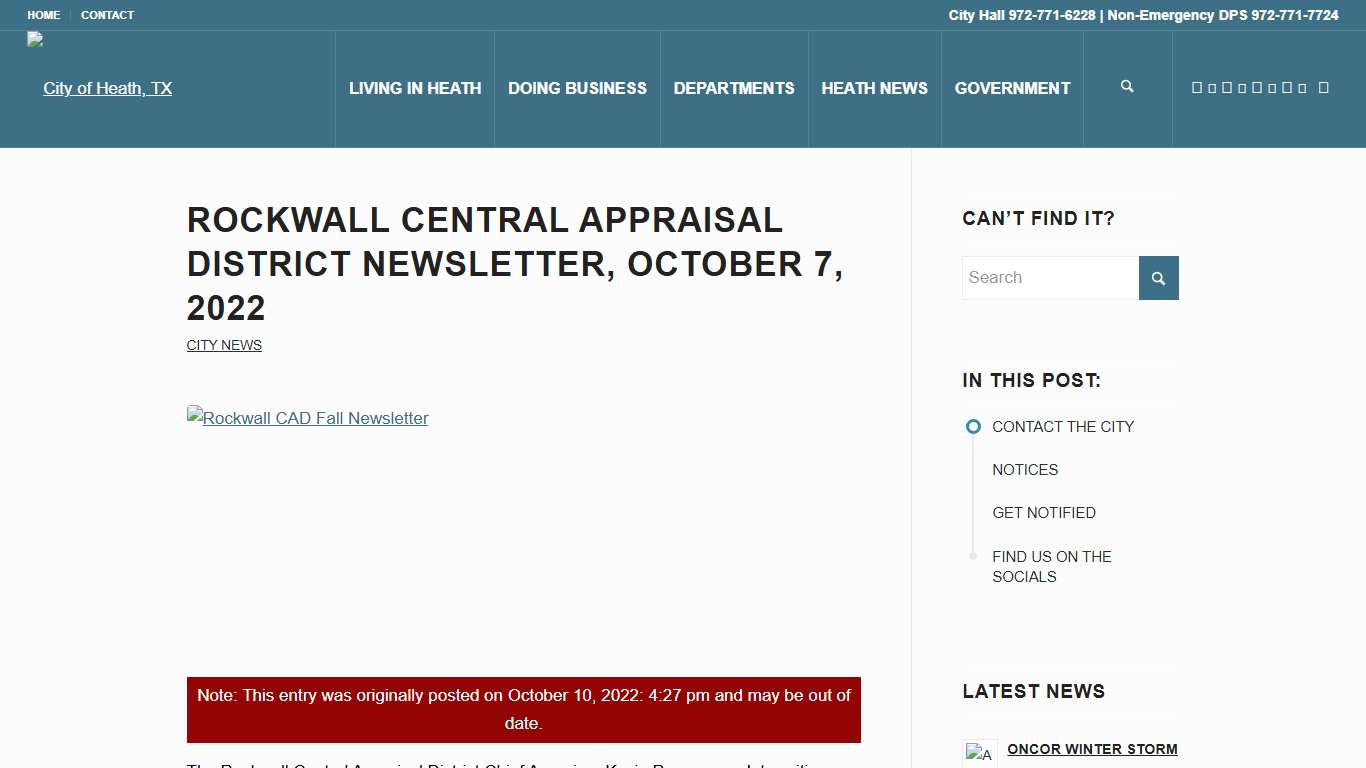 Rockwall Central Appraisal District Newsletter, October 7, 2022 – City of Heath, TX